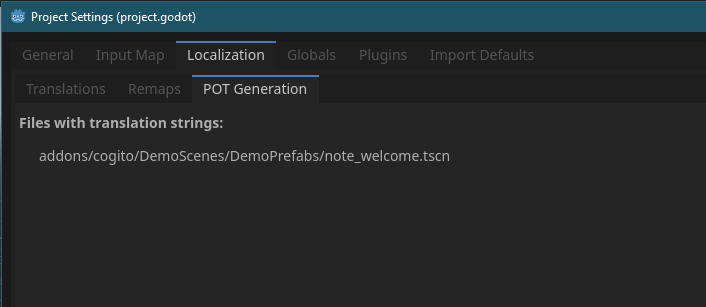 Project settings window with the Localization and POT Generation tab open. The `note_welcome.tscn` packed scene has been added.
